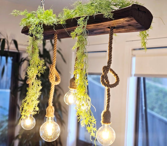 Hemp Rope & Tallow wood Fencepost Pendant Light